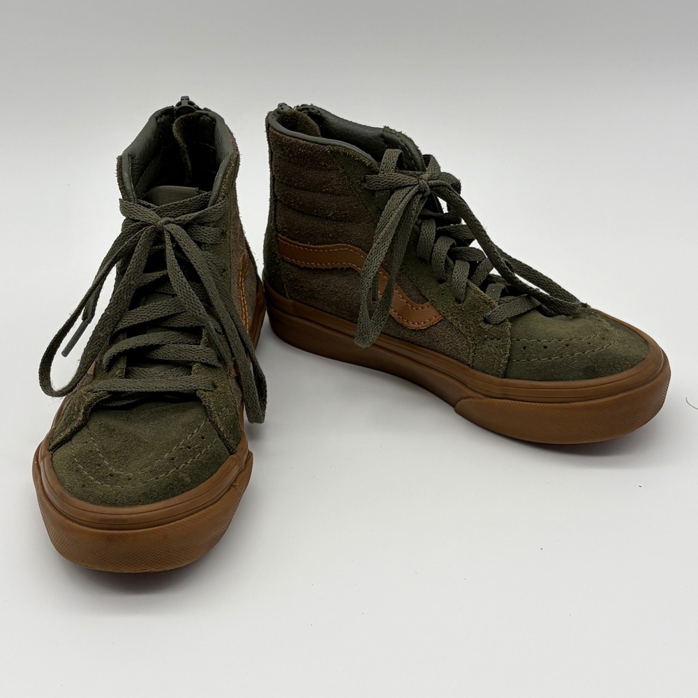 Vans Sk8-Hi Zip Kids High Top Sneakers Olive Green Brown Gum Sole Suede